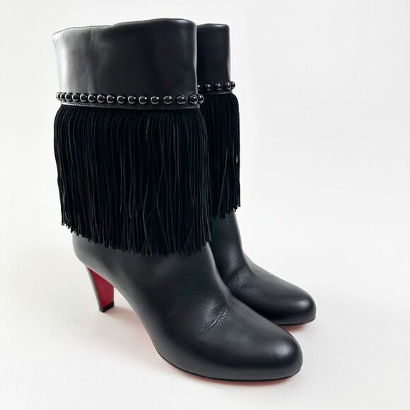 CHRISTIAN LOUBOUTIN Tudor Jo Fringe Black Bootie 39 US 8.5 Ankle Boots Studded - Picture 2 of 14
